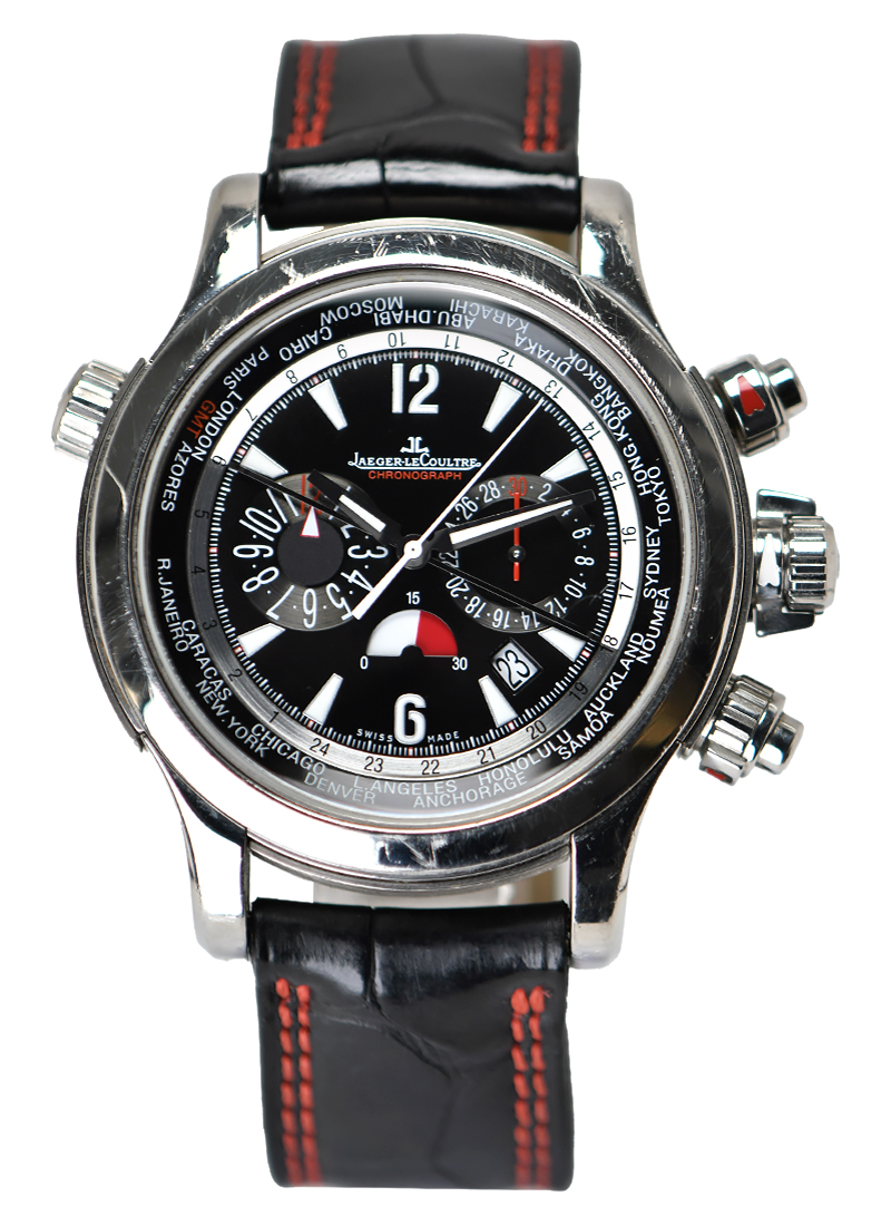 Master Extreme World Chronograph in Steel on Crocodile Leather Strap with Black Dial