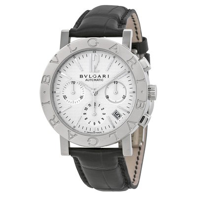 Bvlgari Chronograph in Steel on Black Leather Strap with White Dial