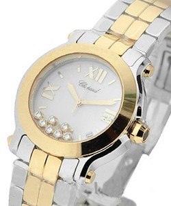 Happy Sport Quartz in Steel with Rose Gold Bezel on Bracelet with White Dial - 7 Floating Diamonds