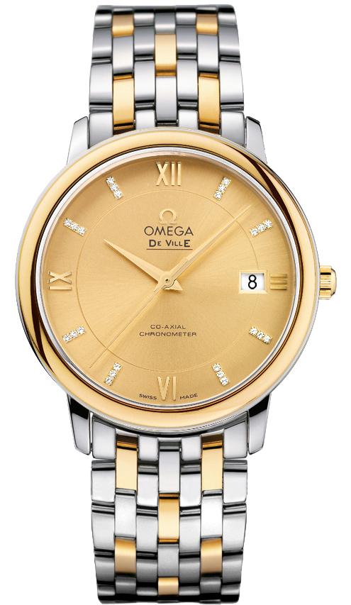 De Ville Prestige Co-Axial in Steel with Yellow Gold on Steel and Yellow Gold Bracelet with Champagne Dial and diamond markers