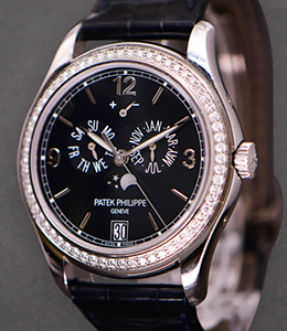 5147G Annual Calendar Moon Phase in White Gold with Diamond Bezel on Strap with Navy Blue Dial