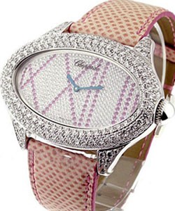 Montres Dame Cat Eye in White Gold with Diamond Bezel  on Pink Leather Strap with Pave Diamond Dial