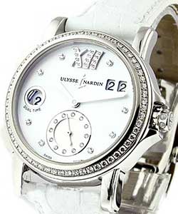 Dual Time Small Second in Steel with Diamond Bezel on White Alligator Leather Strap with White MOP Diamond Dial