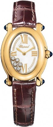 Happy Sport Oval in Yellow Gold on Brown Crocodile Leather Strap with White Dila-5 Floating Diamonds Inside Dial