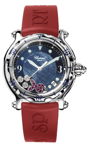 Happy Sport 38mm in Steel on Red Rubber Strap with Blue Dial