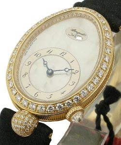 Queen Reine of Naples 28.4mm Automatic in  Yellow Gold with Diamonds Bezel on Black Satin Strap with MOP Dial