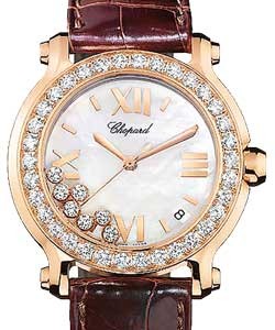 Happy Sport Round in Rose Gold with Diamond Bezel on Brown Alligator Leather Strap with Mother of Pearl Dial