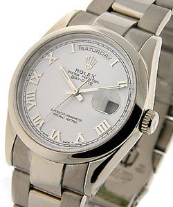 President - DayDate - White Gold - Smooth Bezel on Oyster Bracelet with White Roman Dial