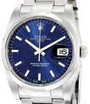 Date 34mm in Steel with Domed Bezel  on Steel Oyster Bracelet with Blue Stick Dial