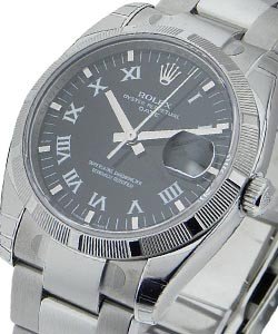Date 34mm in Steel with Engine Turned Bezel on Steel Oyster Bracelet with Black Roman Dial