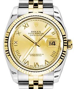 Datejust 36mm in Steel with Yellow Gold Fluted Bezel on Steel and Yellow Gold Jubilee Bracelet withChampagne Roman Numerals Dial