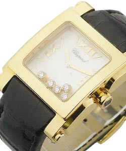Happy Sport Square XL in Yellow Gold on Black Crocodile Leather Strap with Beige 5 Floating Diamonds Dial