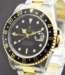 GMT Master 2-Tone with Yellow Gold Black Bezel on Oyster Bracelet with Black Dial
