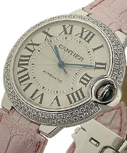 Ballon Bleu Mid Size in White Gold with Diamond Case -  on Pink Alligator Leather Strap with White Roman Dial