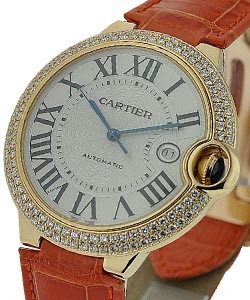Ballon Bleu in Yellow Gold with Diamond Case - Large Size On Leather Strap with Silver Roman Dial 