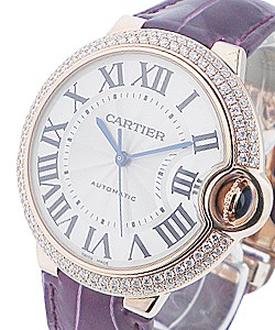 Ballon Bleu Mid Size in Rose Gold with Diamond Bezel on Purple Alligator Leather Strap with Silver Dial
