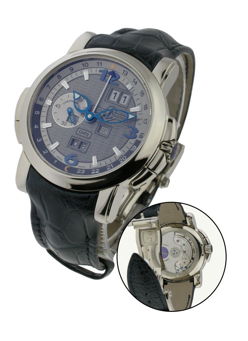 GMT Perpetual 42mm in White Gold on Black Crocodile Leather Strap with Grey Dial and Blue Hands 320 60 69