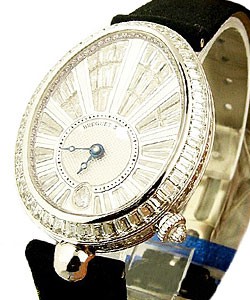 Reine de Naples 28.4mm Automatic in White Gold with Baguette Diamonds Bezel on Black Satin Strap with Pave Diamond Dial