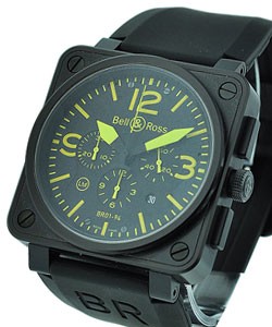 BR 01-94 Chronograph in Black PVD Steel on Black Leather Strap with Black Dial with Yellow Markers