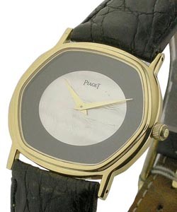 Lady's Cusion Yellow Gold on Strap with Black/MOP Dial