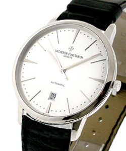 Patrimony Contemporary in White Gold on Black Leather Strap with Silver Dial