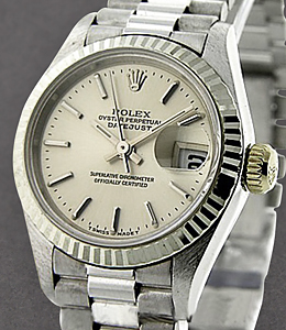 Ladies President in White Gold with Fluted Bezel on White Gold President Bracelet with Silver Stick Dial