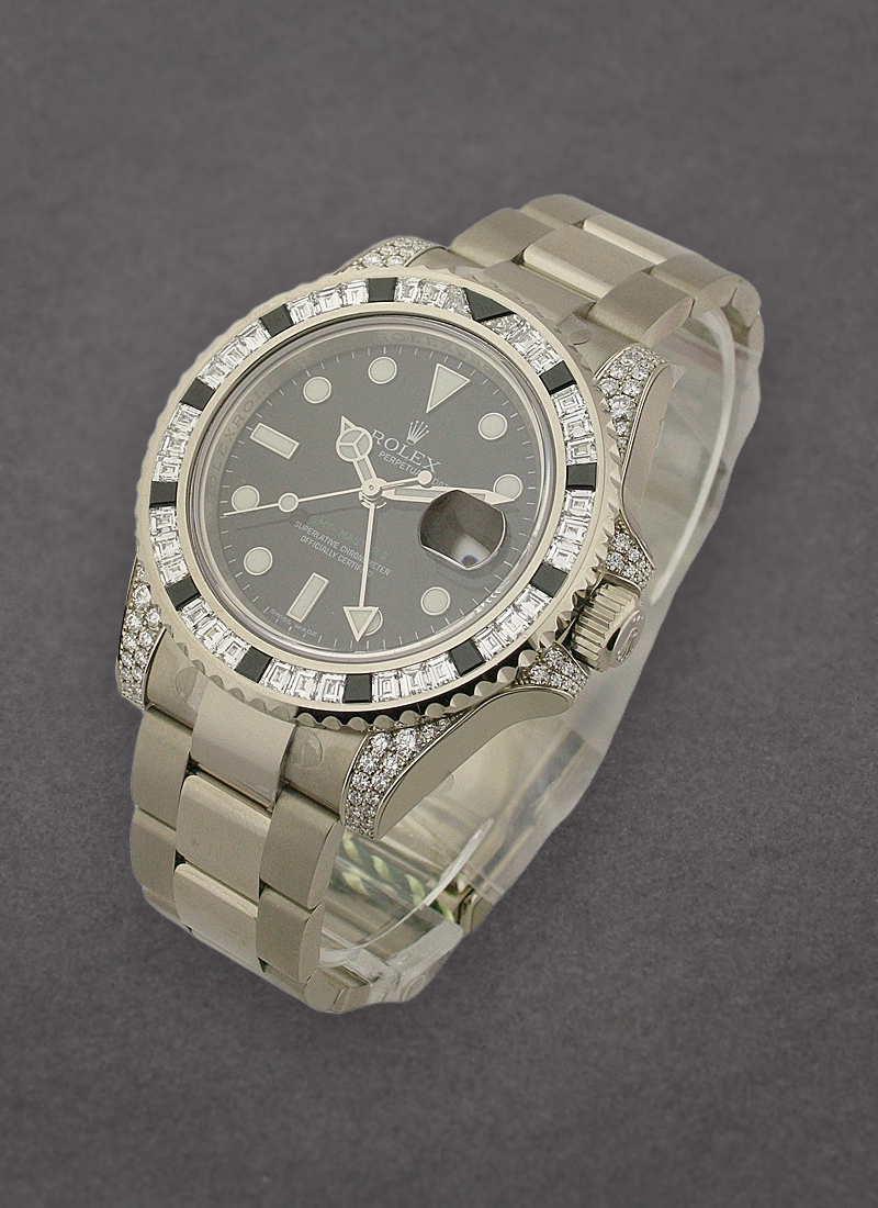 Rolex Unworn GMT Master II in White Gold with Baguette Diamond Bezel and Lugs- Limited Edition