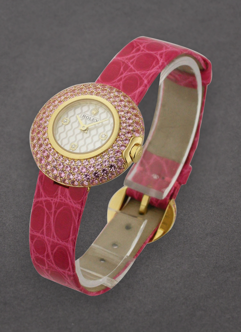 Rolex Unworn Cellini Orchid in Yellow Gold with Pink Sapphire Bezel