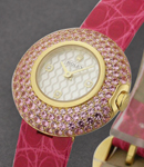 Cellini Orchid in Yellow Gold with Pink Sapphire Bezel on Pink Crocodile Leather Strap with MOP Diamond Dial