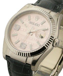 Datejust in White Gold with Fluted Bezel on Black Alligator Leather Strap with Special Pink Diamond Dial Wave