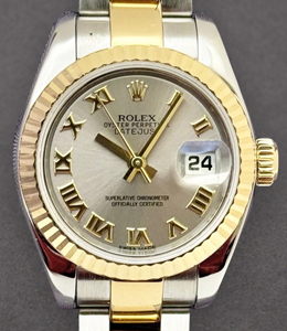 Ladys 2-Tone Datejust in Steel with Yellow Gold Fluted Bezel - New Style on Steel and Yellow Gold Oyster Bracelet with Silver Roman Dial