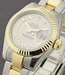 Ladys 2-Tone Datejust in Steel with Yellow Gold Fluted Bezel - New Style    on Steel and Yellow Gold Oyster Bracelet with Silver Roman Dial