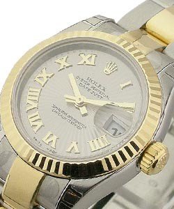 Ladys 2-Tone Datejust in Steel with Yellow Gold Fluted Bezel - New Style    on Steel and Yellow Gold Oyster Bracelet with Silver Roman Dial