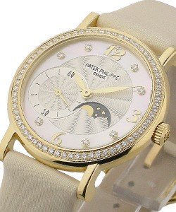 Lady's Calatrava with Moon Phase and Sub Second 31mm in Yellow Gold with Diamonds Bezel on Cream Satin Strap with MOP Dial