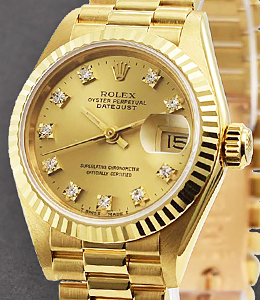 Ladies 26mm President in Yellow Gold with Fluted Bezel on Bracelet with Champagne Diamond Dial