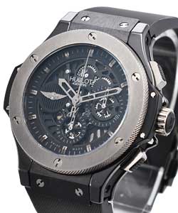 Aero Bang Morgan 44mm in Black Ceramic with Tungsten Bezel on Black Rubber Strap with Black Skeleton Dial