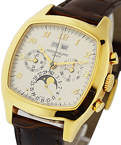 5020J - Perpetual Calendar Chronograph in Yellow Gold on Brown Crocodile Leather Strap with Silver Dial