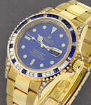 Submariner in Yellow Gold with Custom Diamond Bezel and Lugs On Yellow Gold Oyster Bracelet with Blue Dial