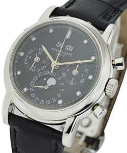 Perpetual Calendar Chronograph Ref 3970EP in Platinum on Black Alligator Leather Strap with Black Diamond Dial