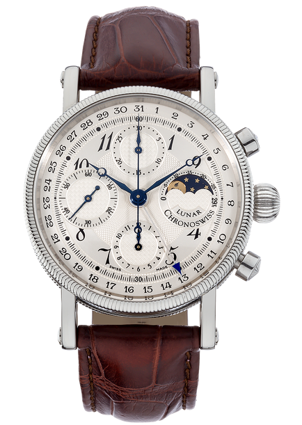 Lunar Chronograph in Steel on Brown Leather Strap with Silver Gullioche Dial