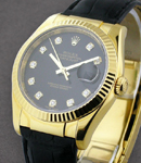 Datejust in Yellow Gold with Fluted Bezel On Black Alligator Leather Strap with Black Diamond Dial