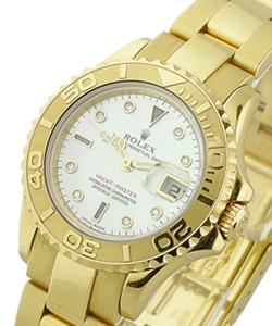 Yacht-Master Small Size in Yellow Gold Bezel on Oyster Bracelet with White Mop Serti Dial