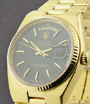 President 36mm Day-Date in Yellow Gold with Fluted Bezel on Bracelet with Black Dial with Raised Gold Stick Markers