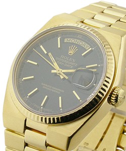President 36mm Day-Date in Yellow Gold with Fluted Bezel on Bracelet with Black Dial with Raised Gold Stick Markers
