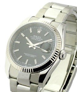 Datejust 36mm in Steel with White Gold Fluted Bezel on Oyster Bracelet with Black Luminous Index Dial