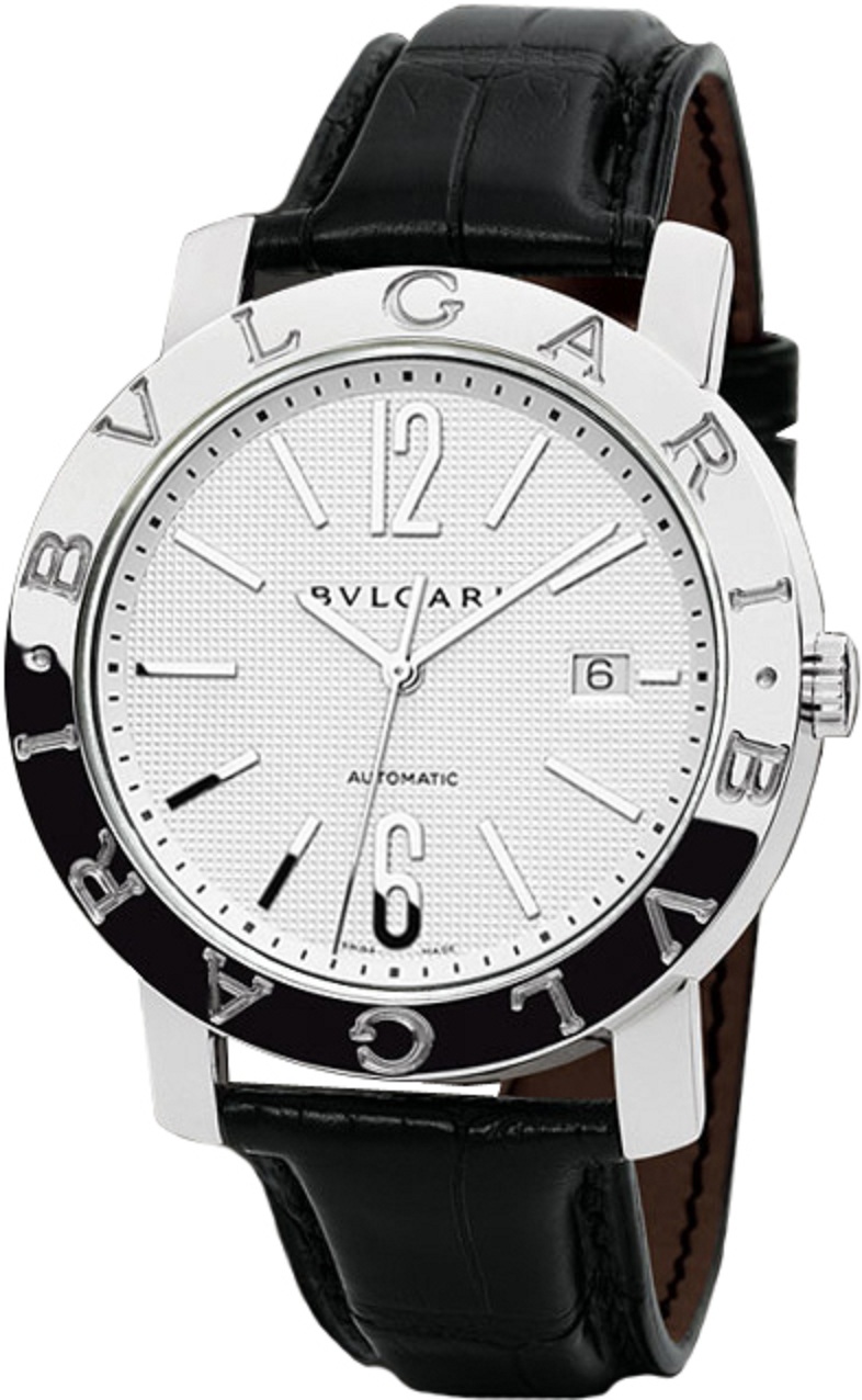 Bvlgari-Bvlgari 42mm in Steel on Black Leather Strap with White Dial