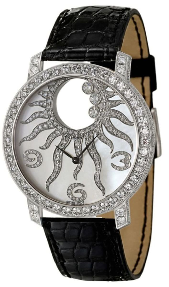 Happy Sun in White Gold with Diamond Dial on Black Crocodile Leather Strap with MOP Diamond Dial