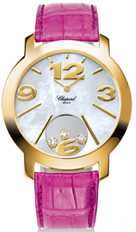 Happy Diamonds in Yellow Gold on Pink Alligator Leather Strap with White MOP Dial-v