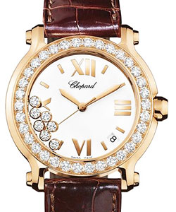 Happy Sport Round in Rose Gold with Diamond Bezel on Brown Crocodile Leather Strap with White Dial