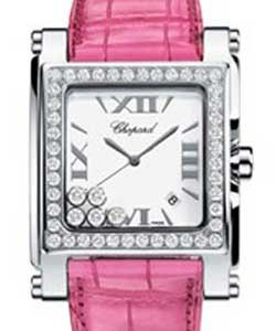Happy Sport Square in Steel with Diamond Bezel on Pink Leather Strap with White MOP Dial and 5 Floating Diamonds